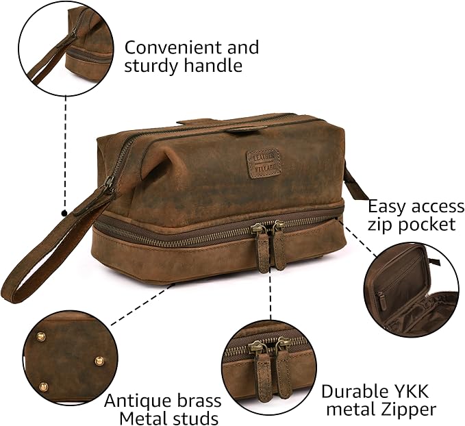 LEATHER VILLAGE Genuine Leather Dopp Kit – Large Travel Toiletry Bag - Image 3