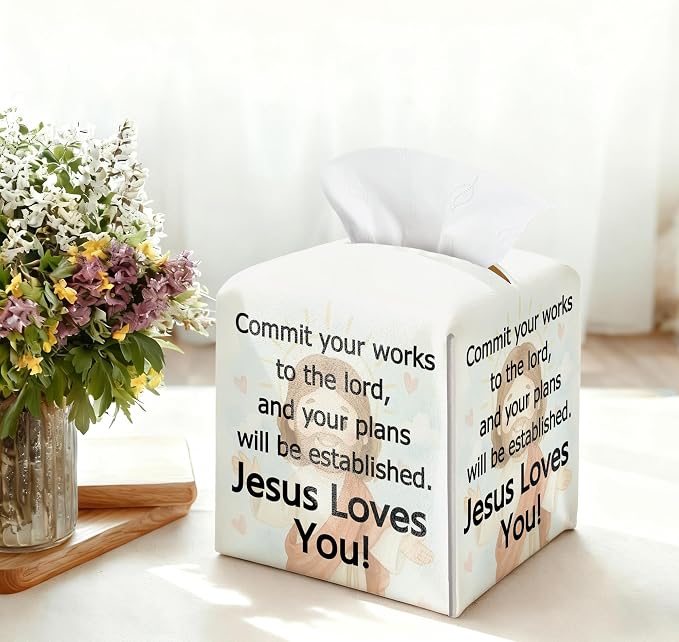 Christian Square Tissue Box Cover, PU Leather Drawstring Bottom - Image 3