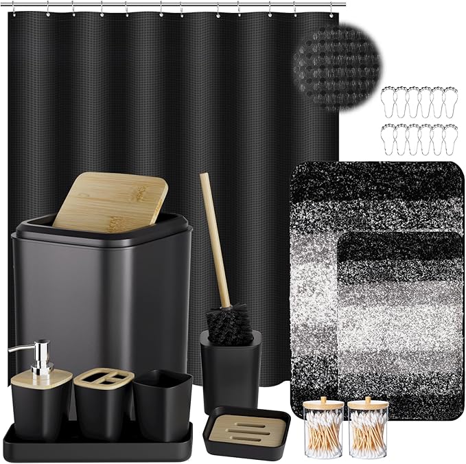 24PCS Bathroom Sets with Shower Curtain and Rugs, Toilet Brush, Trash Can & by BetterbathroomwithXLHOME
