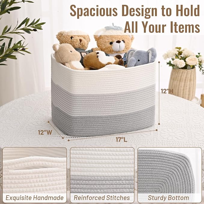 3 Pack Cube Storage Bin, 17”x12”x12” Cotton Rope Woven Baskets - Image 4