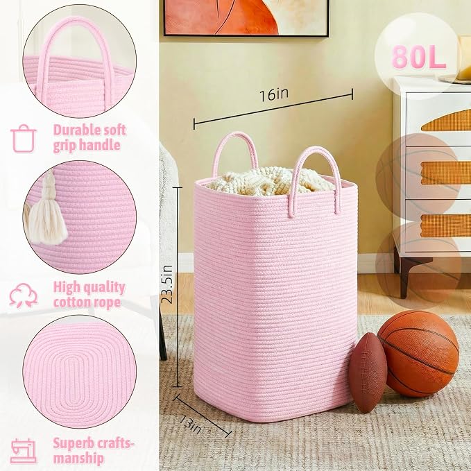 Laundry Basket, Woven Cotton Rope Laundry Hamper, 80L Versatile Storage - Image 2