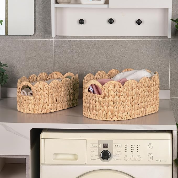 Scalloped Wicker Basket, Water Hyacinth Storage Oval Cute Baby Baskets - Image 3