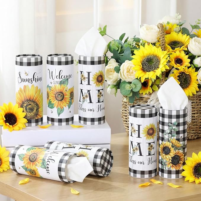 12 Pack Sunflower Tissue Boxes for Car Cylinder Bulk Black White Plaid Flower - Image 4