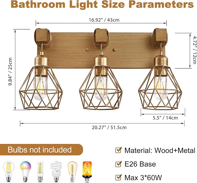 Gold Bathroom Vanity Light Fixtures, 3-Light Gold Bathroom Light Fixtures Over - Image 3
