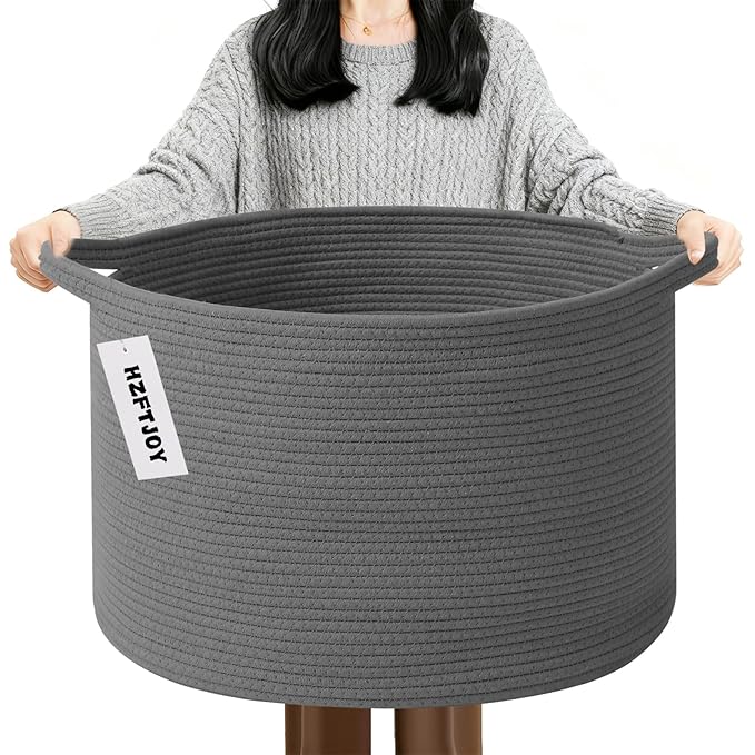 65L Large Blanket Basket, 19.7" L x 19.7" W x 13" H Rope Woven Baskets by HZFTJOY
