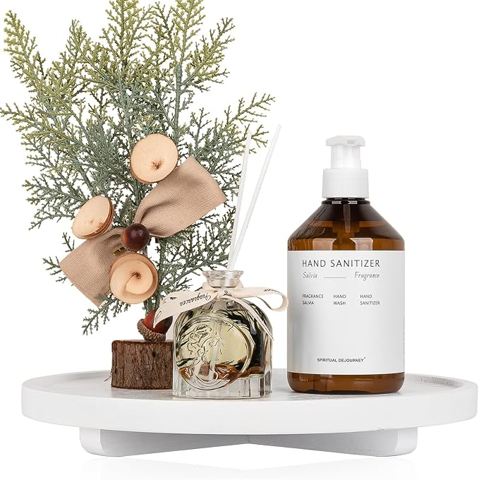 Round Decorative Tray Wood Bathroom Counter Organizer Farmhouse Kitchen Decor - Image 6
