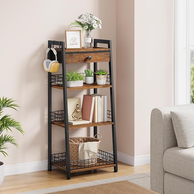 4-Tier Ladder Shelf with Drawer, Bathroom Table Stand - Image 7