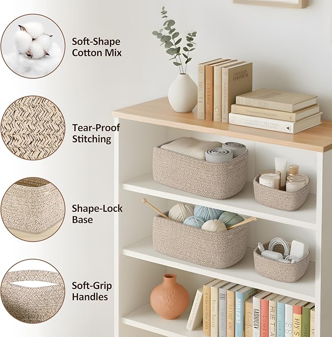 5-Pack Small Woven Rope Storage Baskets – 2 Sizes Organizer Bins - Image 3