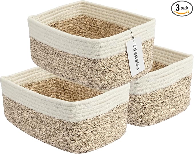 Small Woven Storage Baskets 12“X8”X5“ Decorative Rope Bins by XUANGUO