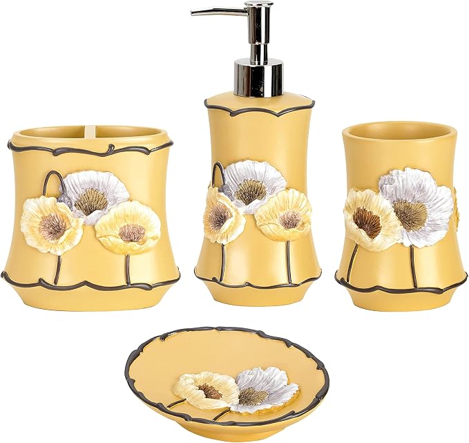 Zahari Home 4pc Poppy Fields Yellow Bathroom Accessories Set Hand Soap Dispenser by ZahariHome