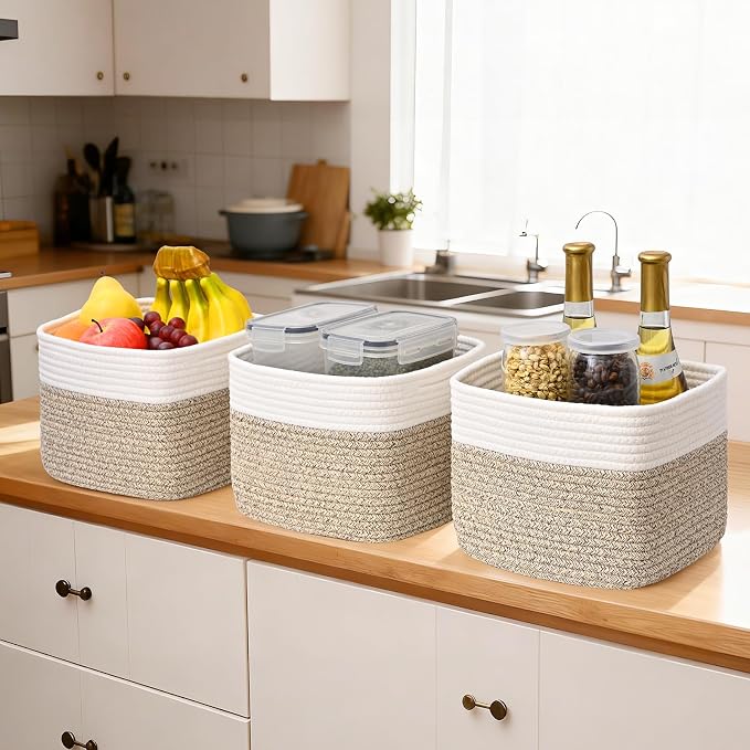3 Pack Cube Storage Bin, 9”x9”x7” Cotton Rope Woven Baskets - Image 5