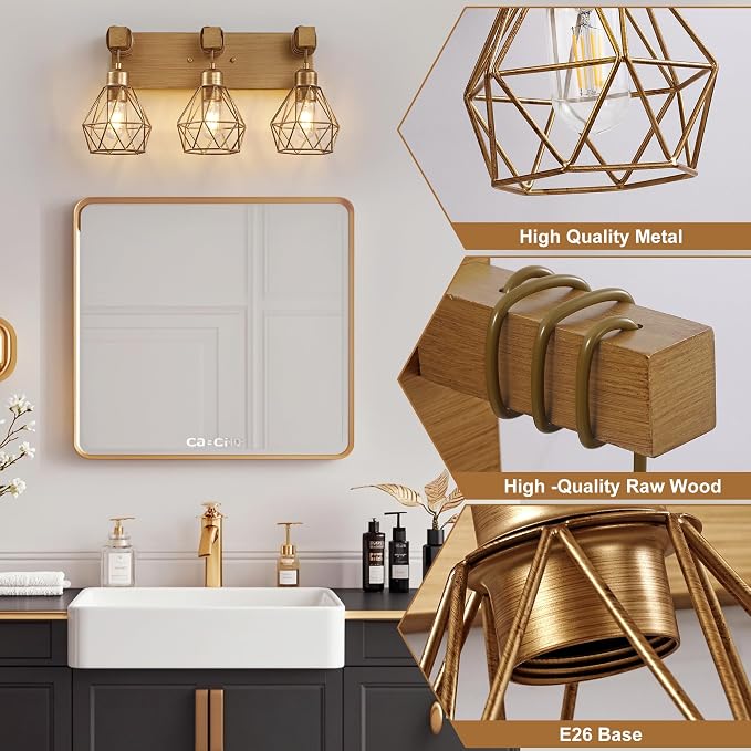 Gold Bathroom Vanity Light Fixtures, 3-Light Gold Bathroom Light Fixtures Over - Image 4
