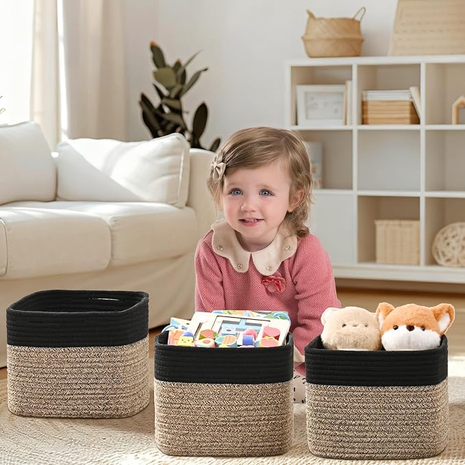 3 Pack Cube Storage Bin, 9”x9”x7” Cotton Rope Woven Baskets - Image 2