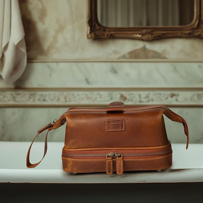 LEATHER VILLAGE Genuine Leather Dopp Kit – Large Travel Toiletry Bag - Image 6