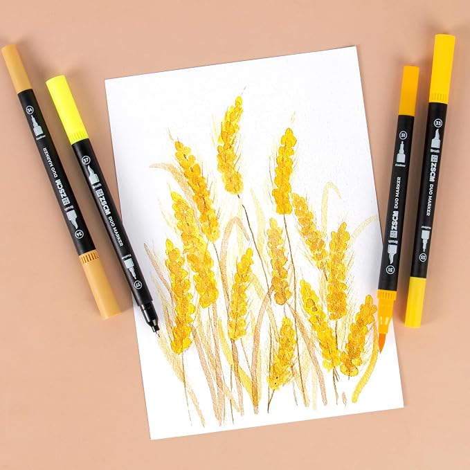 Yellow Duo Tip Marker Pens, 12 Pack Fine & Brush Markers - Image 4