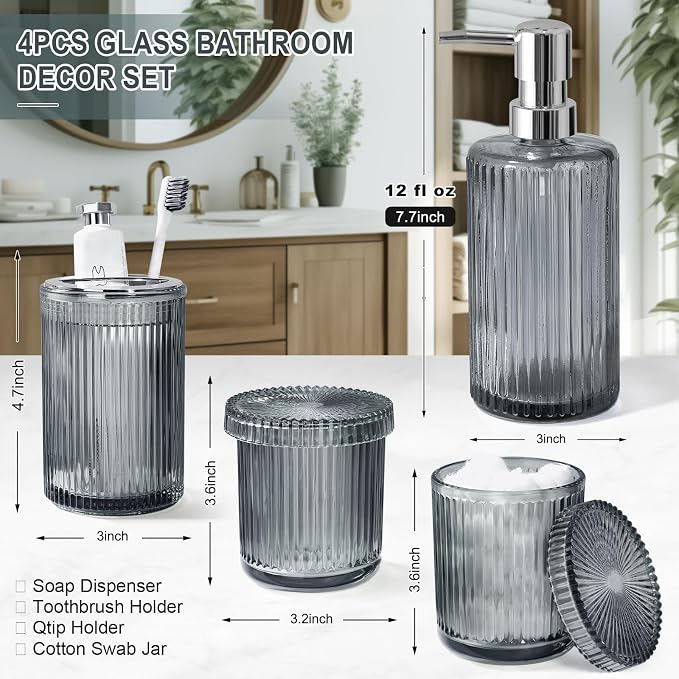 Gray Glass Bathroom Accessories 4 Pcs, Soap Dispenser and Toothbrush Holder Set - Image 2
