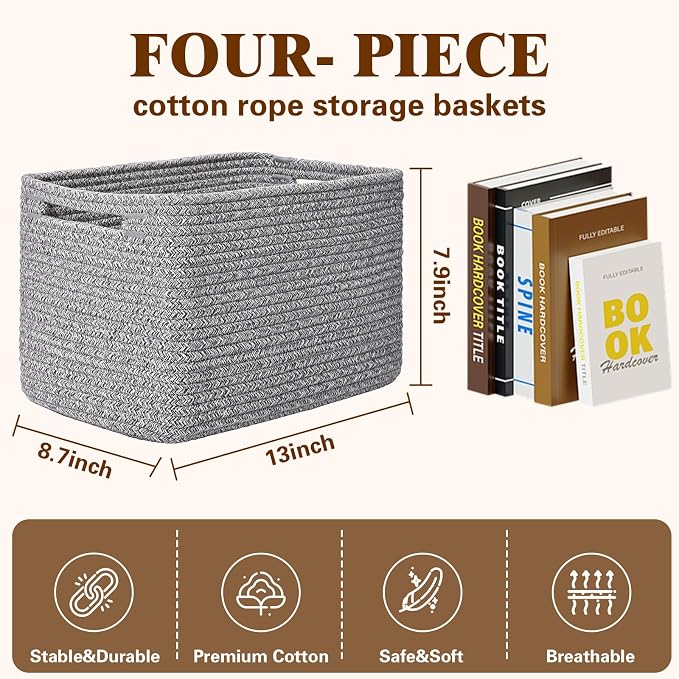 Storage Baskets for Organizing, 4 Pack Baskets for Shelves, Decorative Storage - Image 3