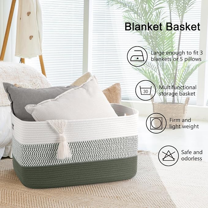 OIAHOMY Large Blanket Basket, 22”x17”x12” Rectangle Woven Baskets, Nursery - Image 6