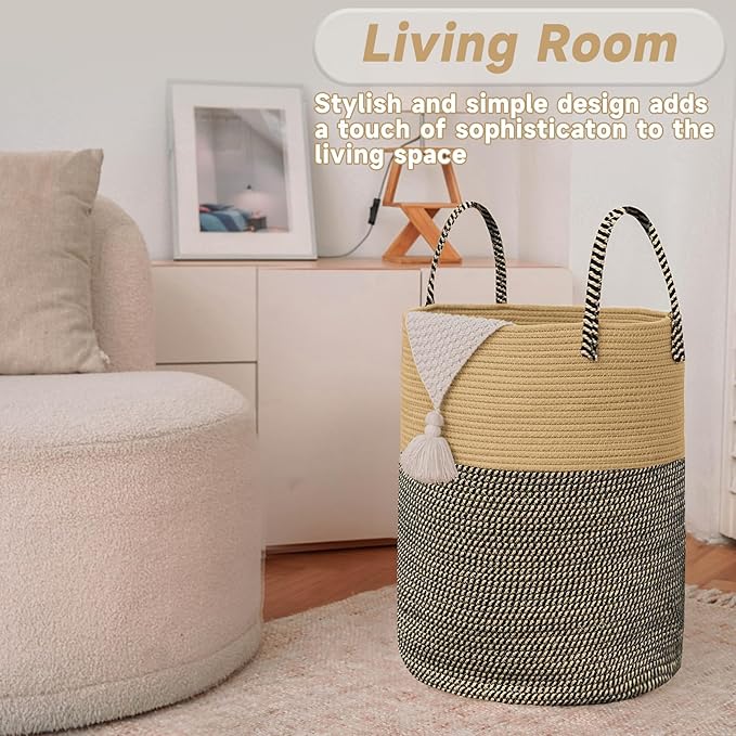 Large Woven Laundry Basket Hamper, 60L Cotton Rope Storage Bin - Image 3