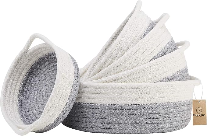 NaturalCozy 5-Piece Round Small Woven Baskets Set– Cotton Rope Baskets by NaturalCozy