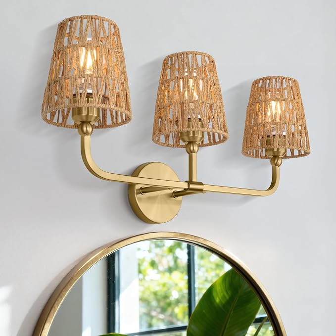 3-Light Bathroom Light Fixtures, Brushed Gold Rattan Vanity Lights - Image 7