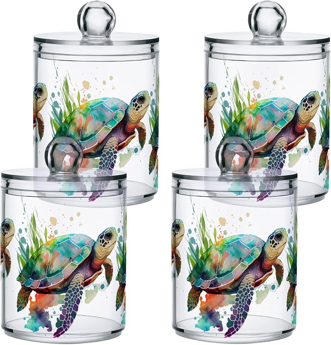 4 Pack Qtip Holder Dispenser Turtle Watercolor Cotton Ball Cotton Swab Round - Image 3