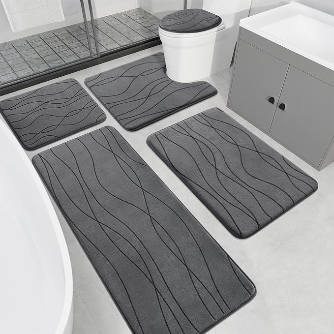 YIHOUSE Memory Foam Grey Bathroom Rug Sets 5 Piece, Ultra Absorbent Bath Mat by YIHOUSE