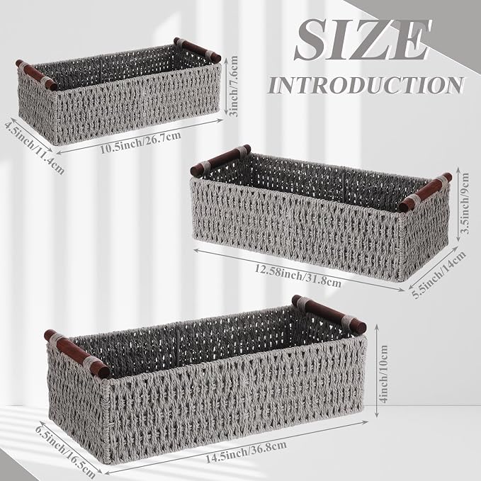 Boao 3 Pcs Boho Storage Wicker Baskets Handmade Woven Decorative Paper Rope - Image 2
