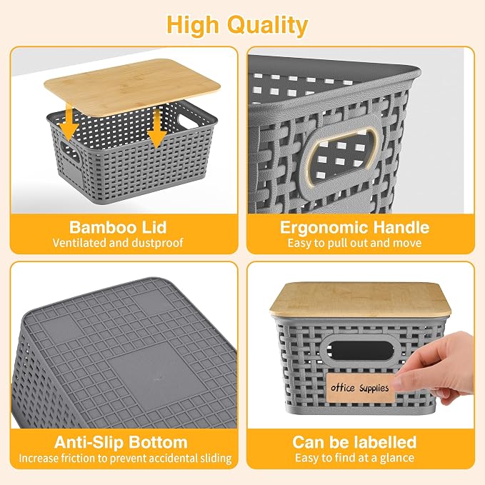 Plastic Storage Baskets with Bamboo Lids and Labels, Stackable Storage - Image 7