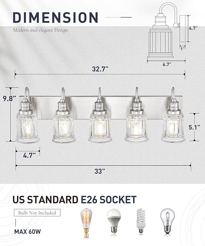 Bathroom Light Fixtures, HWH 5-Light Vanity Light, Modern Brushed Nickel Wall - Image 2