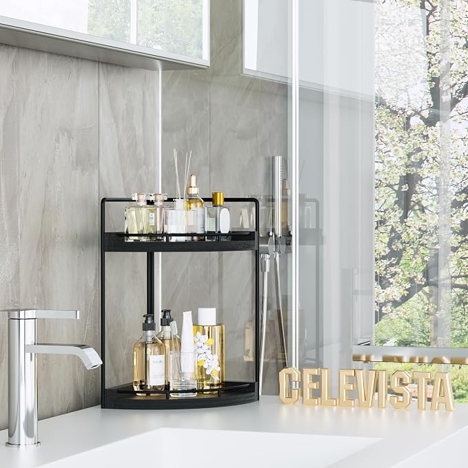 Corner Bathroom Counter Organizer, 2 Tier Wood Vanity Storage, Waterproof - Image 2
