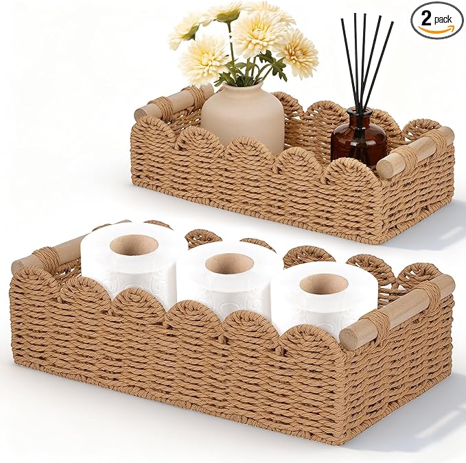 Set of 2 Paper Rope Scalloped Edge Decor Baskets, Small Storage Basket and by Laveduso