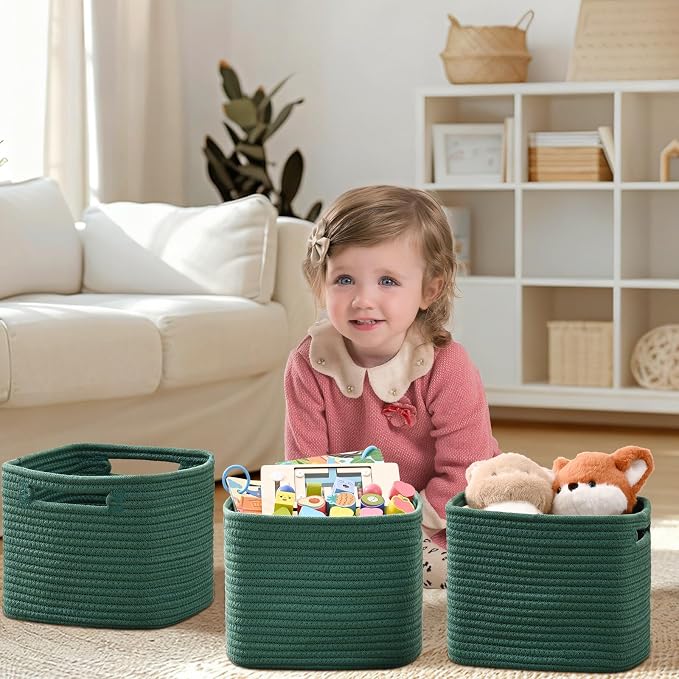 3 Pack Cube Storage Bin, 9”x9”x7” Cotton Rope Woven Baskets - Image 2