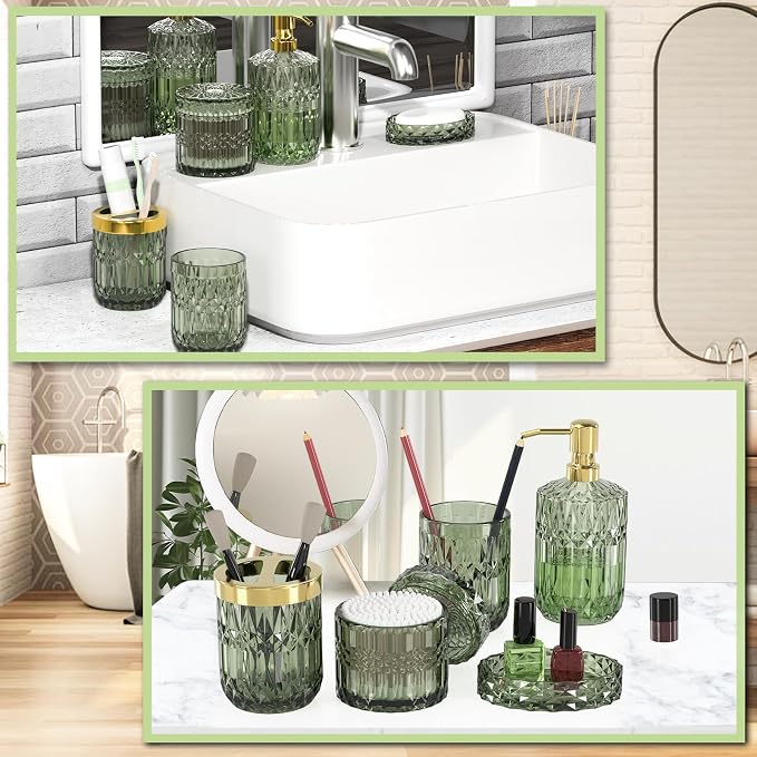 Green Glass Bathroom Accessories Set 5 Pcs, Soap Dispenser and Toothbrush - Image 7