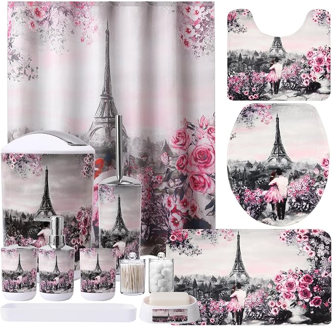 Bathroom Accessories Set with Shower Curtain Bath Rugs Pink Paris Bathroom by BetterbathroomwithXLHOME