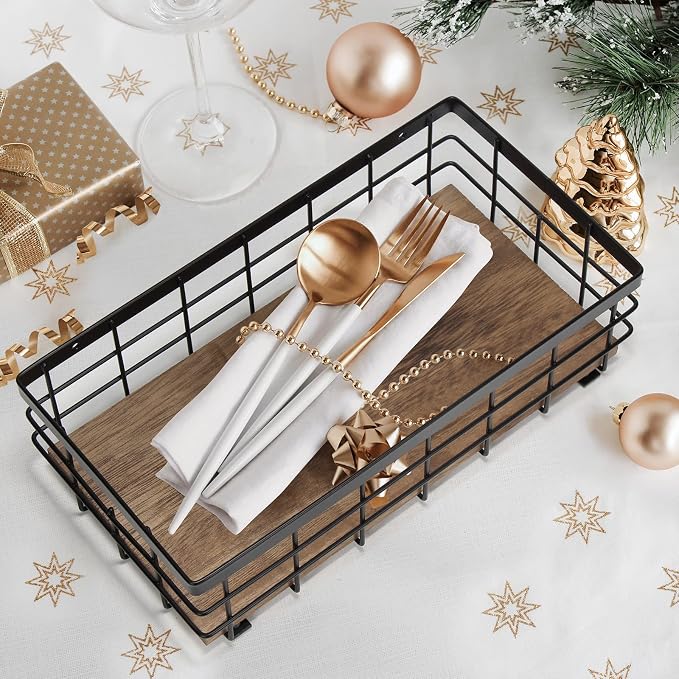 TJ.MOREE Small Metal Wire Basket, Decorative Wood Base Organizer - Image 5