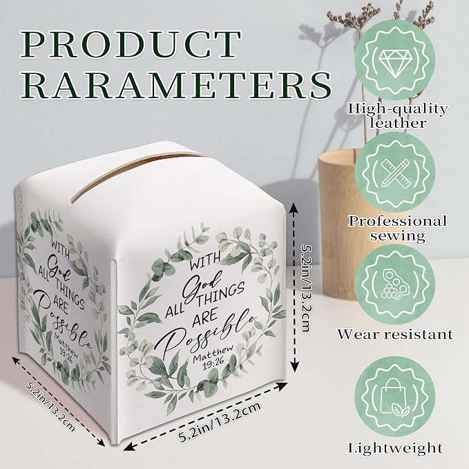 Eucalyptus Bible Verse Tissue Box Cover, PU Leather Drawstring Bottom - Image 2