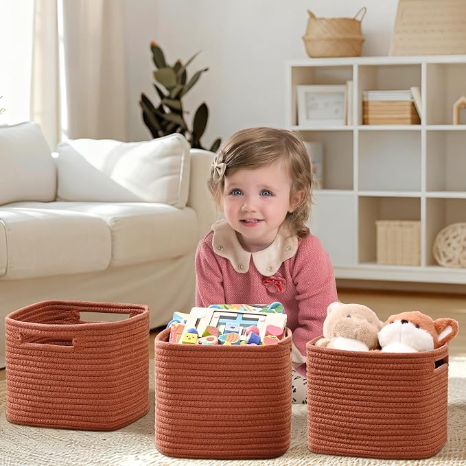 3 Pack Cube Storage Bin, 9”x9”x7” Cotton Rope Woven Baskets - Image 2