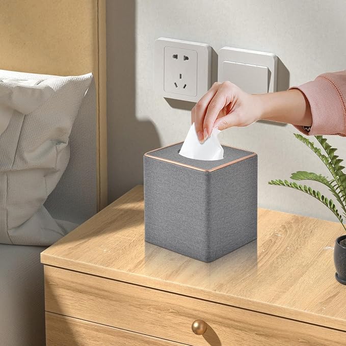Linen Square Tissue Box Holder Cube Tissue Box Cover－Rosegold Leather Recorate - Image 2