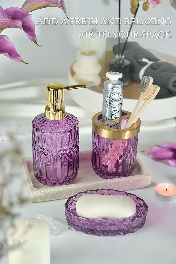 Purple Bathroom Accessories Set, Soap Dispenser, Toothbrush Holder Set - Image 4