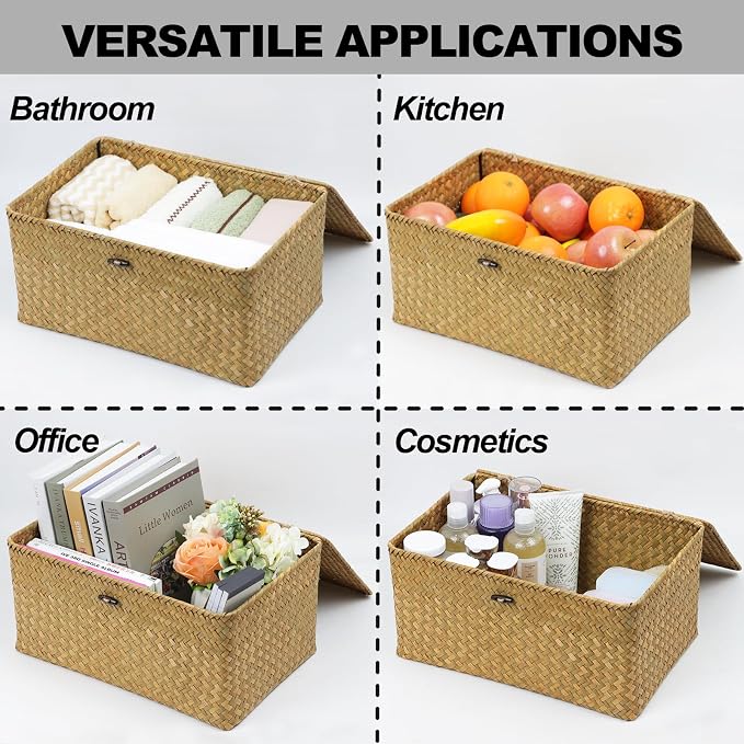 Wicker Basket with Lid, Natural Seagrass Storage Baskets - Image 5