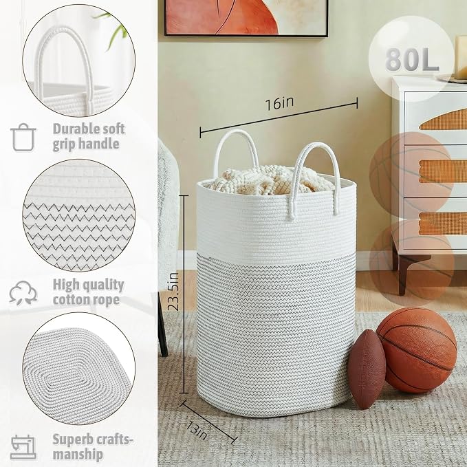 Laundry Basket, Woven Cotton Rope Laundry Hamper, Versatile Storage - Image 2