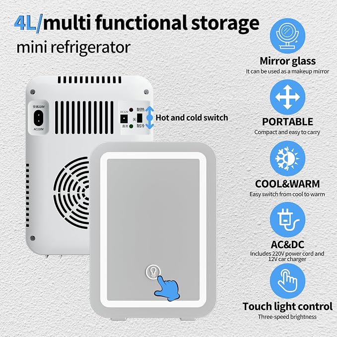 4L Mini Fridge with LED Mirror, Dual Cooling & Warming Function, 3L/6 Cans - Image 5