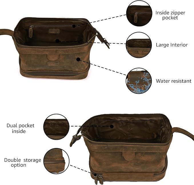 LEATHER VILLAGE Genuine Leather Dopp Kit – Large Travel Toiletry Bag - Image 4