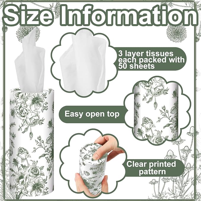 Zonon 8 Pcs Car Tissues Holder Sage Green Floral Round Box - Image 6