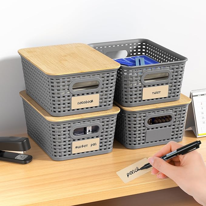 Plastic Storage Baskets with Bamboo Lids and Labels, Stackable Storage - Image 8