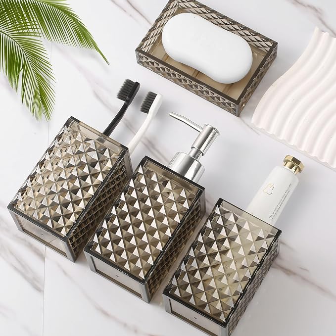 Brown Bathroom Accessories Set, 4 Pack Acrylic Bath Accessory Sets Complete - Image 6