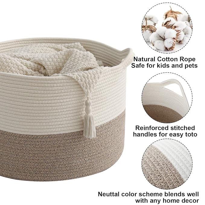 65L Large Blanket Basket, 19.7" L x 19.7" W x 13" H Rope Woven Baskets - Image 3