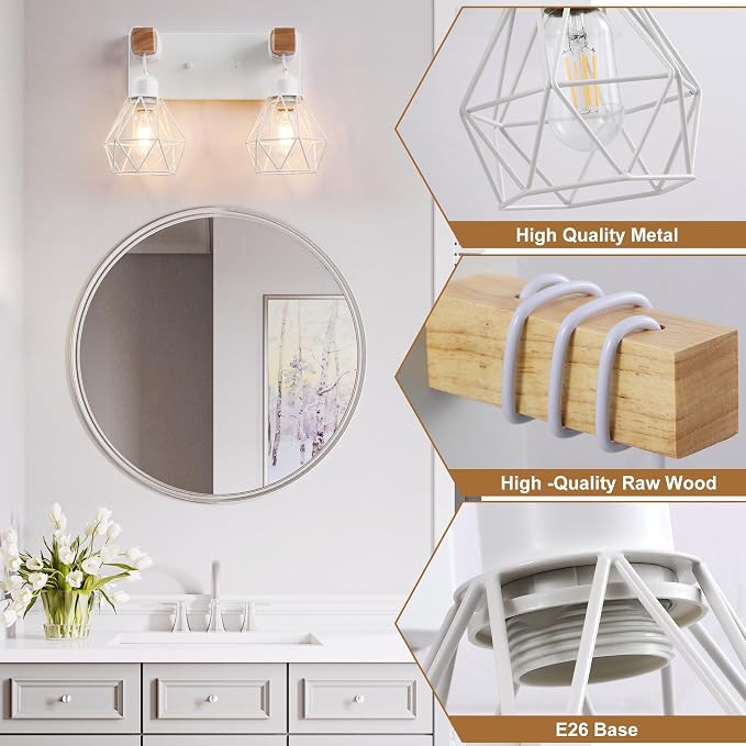 White Bathroom Vanity Light Fixtures, 2-Light Wood Bathroom Light Fixtures Over - Image 4