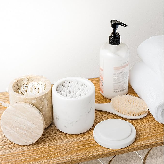 WORHE Marble Qtip Holder with Lid Natural Cotton Ball Container - Image 6